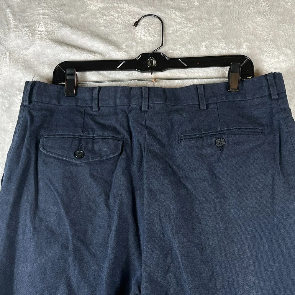 VTG Eddie Bauer Mens 36 Tall Linen Pleated Pants Navy Blue USA Suspender Buttons